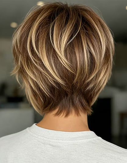 Yola- Brown Golden Highlight Short Pixie Cut Straight Human Hair Wig With Bangs None Lace