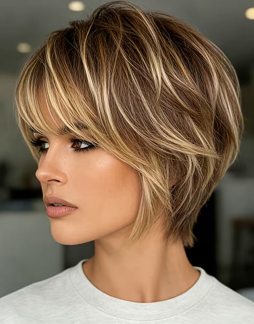 Yola- Brown Golden Highlight Short Pixie Cut Straight Human Hair Wig With Bangs None Lace