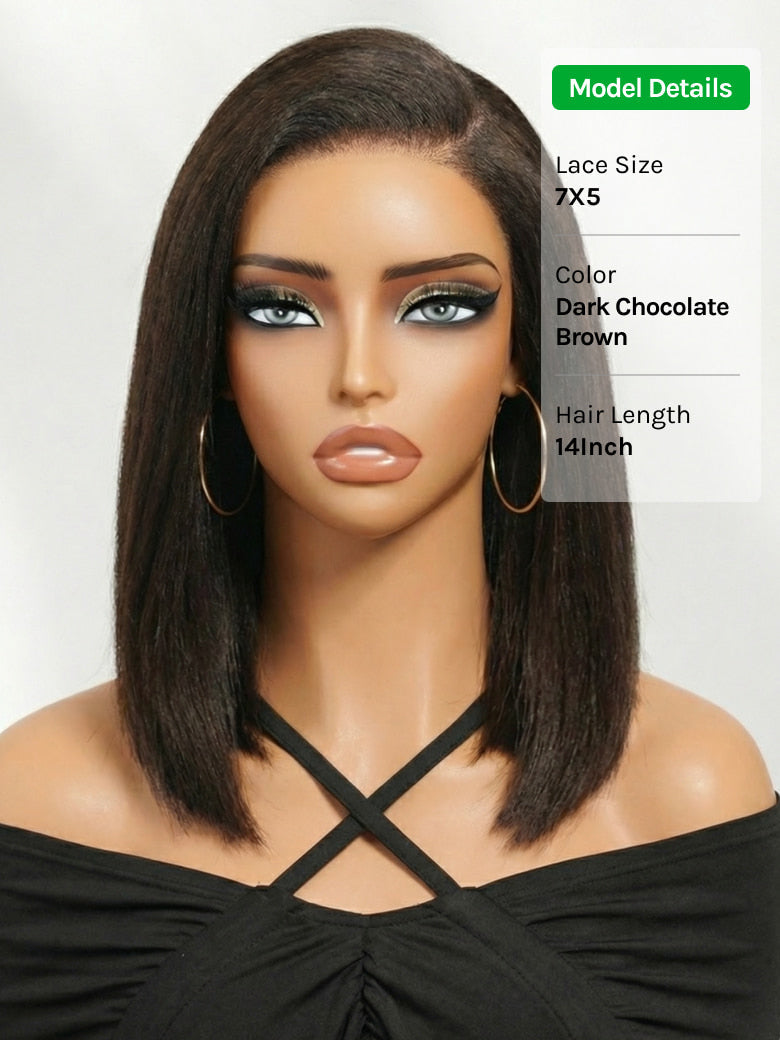 ⭐7x5 Glueless Lace Bob Wig – Natural Yaki Texture & Flattering Layered Style