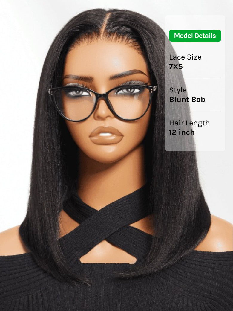 ⭐7x5 Glueless Lace Bob Wig – Natural Yaki Texture & Flattering Layered Style