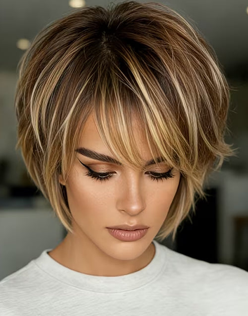 Yola- Brown Golden Highlight Short Pixie Cut Straight Human Hair Wig With Bangs None Lace