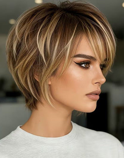 Yola- Brown Golden Highlight Short Pixie Cut Straight Human Hair Wig With Bangs None Lace