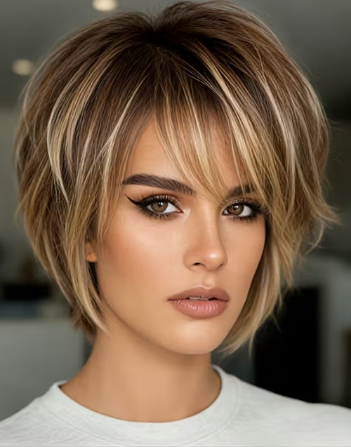 Yola- Brown Golden Highlight Short Pixie Cut Straight Human Hair Wig With Bangs None Lace