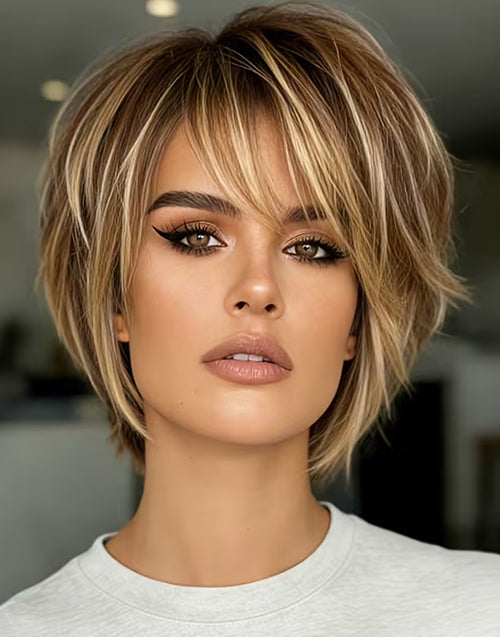 Yola- Brown Golden Highlight Short Pixie Cut Straight Human Hair Wig With Bangs None Lace