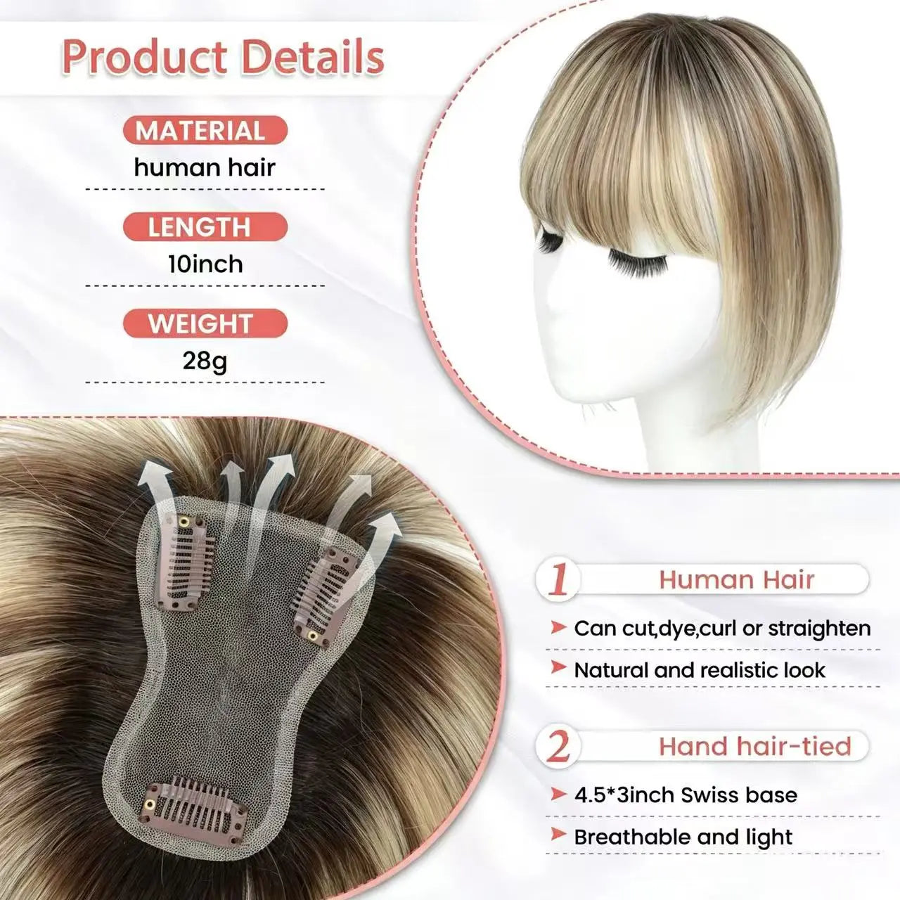 Face-Framing Bang Clip-In Hair Topper | Hairpiece for Sparse Top Hair