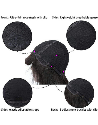 Yola- Brown Golden Highlight Short Pixie Cut Straight Human Hair Wig With Bangs None Lace