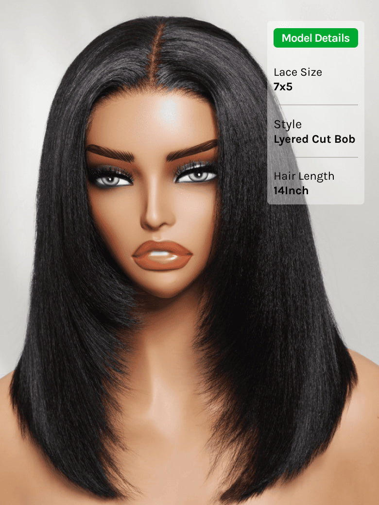 ⭐7x5 Glueless Lace Bob Wig – Natural Yaki Texture & Flattering Layered Style