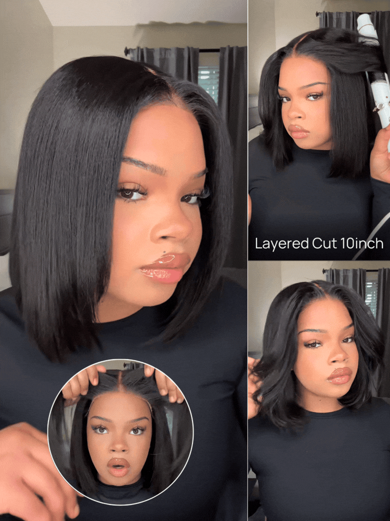 ⭐7x5 Glueless Lace Bob Wig – Natural Yaki Texture & Flattering Layered Style